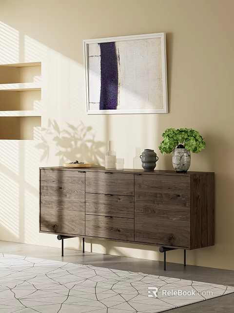 Modern Entryway Console Cabinet With Wooden Drawers And Green Plant Decor 3d model 