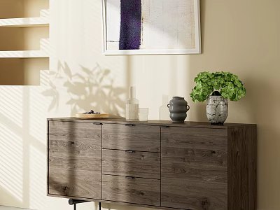 Modern Entryway Console Cabinet With Wooden Drawers And Green Plant Decor 3d model