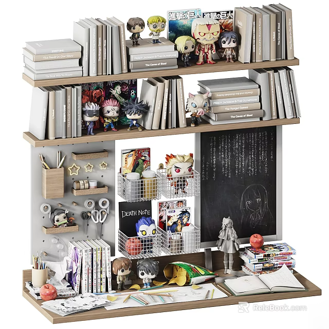 Decorative Multi tiered Bookcase With Books Figurines Chalkboard And Storage Baskets 3d model 