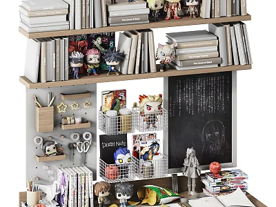 Decorative Multi tiered Bookcase With Books Figurines Chalkboard And Storage Baskets 3d model