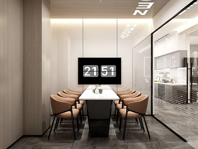 Modern Lounge Area With Long Table Comfortable Chairs And Digital Clock 3d model
