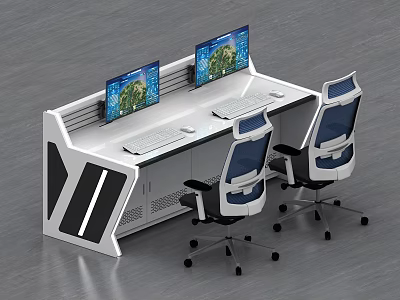 Modern Office Desk Workstation With Dual Monitors And Two Ergonomic Chairs 3d model