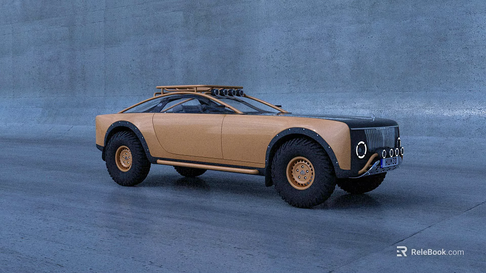 Yellow Off Road Car With Modern Design Large Tires And Roof Rack 3d model 