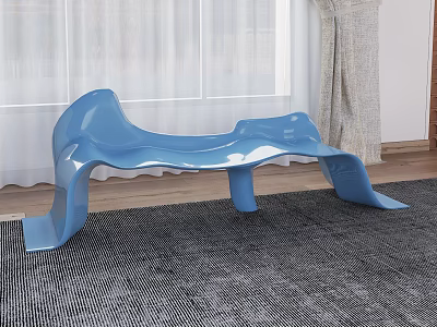 Modern Curved Blue Outdoor Sofa With Smooth Surface Unique Design Near Window Curtains On Rug 3d model