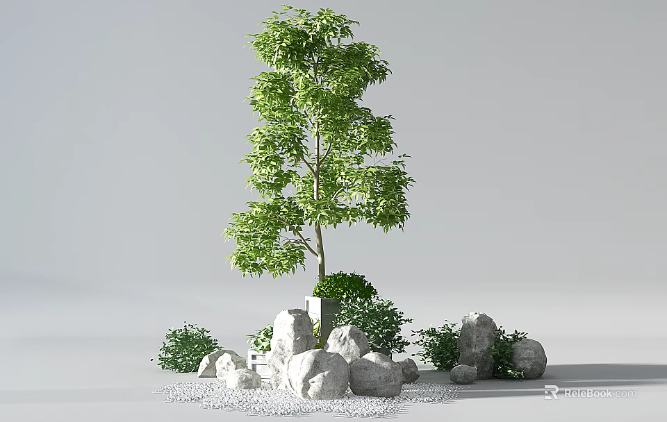 Garden Ornament with Green Tree Small Shrubs Stones and White Pebbles 3d model 