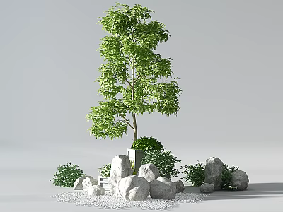 Garden Ornament with Green Tree Small Shrubs Stones and White Pebbles 3d model