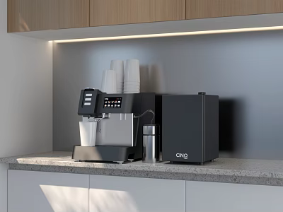 Modern Kitchen Countertop With Coffee Machine Cups Lighting And Cabinets 3d model
