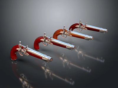 Vintage Revolvers with Red and Brown Grips and Silver Barrels on Gray Background 3d model