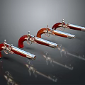 Vintage Revolvers with Red and Brown Grips and Silver Barrels on Gray Background