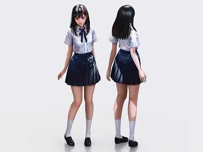 School Girl In Uniform Front And Back View With White Shirt Dark Skirt 3d model