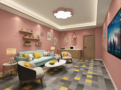 Home Decor Store Featuring Pink Walls Cloud Chandelier Light Blue Sofa And Checkered Floor 3d model