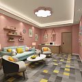 Home Decor Store Featuring Pink Walls Cloud Chandelier Light Blue Sofa And Checkered Floor