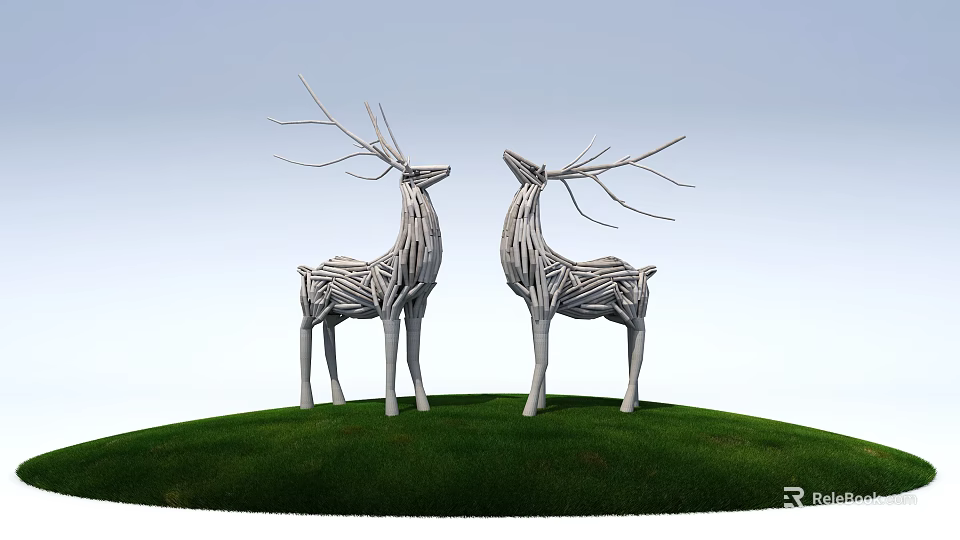 Silver Deer Sculptures Standing On Green Grass Against Light Blue Sky 3d model 
