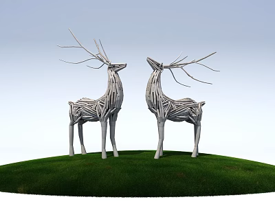 Silver Deer Sculptures Standing On Green Grass Against Light Blue Sky 3d model
