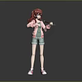 Red Haired Girl In Pink Jacket Holding Violin With Green Shorts And Pink Shoes