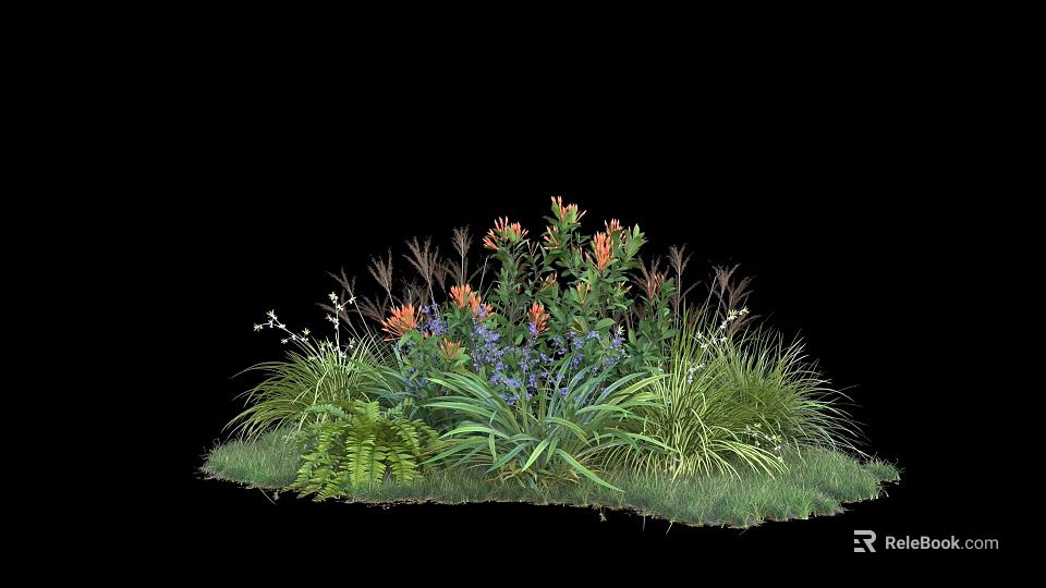 Diverse Garden Plant Combination With Orange Flowers Purple Blooms Green Grasses And Ferns 3d model 