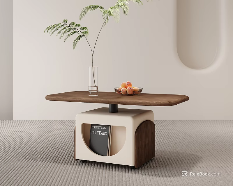 Modern Side Table with Wooden Top and White Wooden Base Featuring Green Plant and Fruit 3d model 