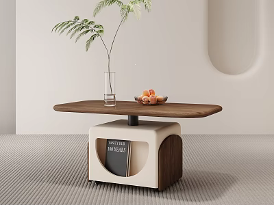Modern Side Table with Wooden Top and White Wooden Base Featuring Green Plant and Fruit 3d model