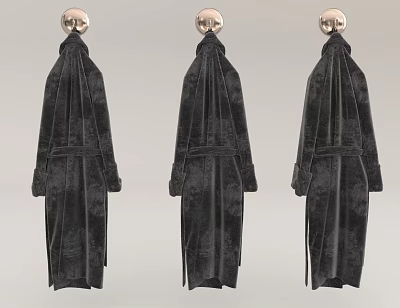 Three Black Long Robes with Velvet Fabric Hanging On Gold Hooks 3d model