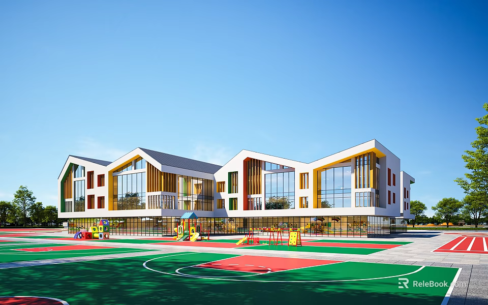 Modern School Building With Sloped Roofs Large Glass Windows Wooden Accents And Colorful Playground 3d model 
