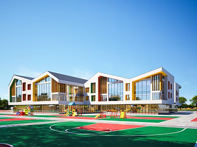 Modern School Building With Sloped Roofs Large Glass Windows Wooden Accents And Colorful Playground 3d model