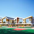 Modern School Building With Sloped Roofs Large Glass Windows Wooden Accents And Colorful Playground
