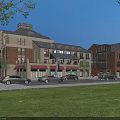 Vibrant Commercial Street with Modern Traditional Buildings Red Awnings Parked Cars and Green Lawns
