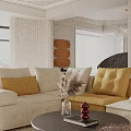 Modern Elegant Sofa Set With White And Gold Sections Round Rug Coffee Table And Chandelier