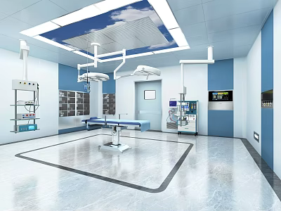 Modern Operating Room Interior With Surgical Table Lights Medical Equipment And Blue Walls 3d model