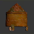 Orange Carved Household Container With Flame Like Lid And Three Feet