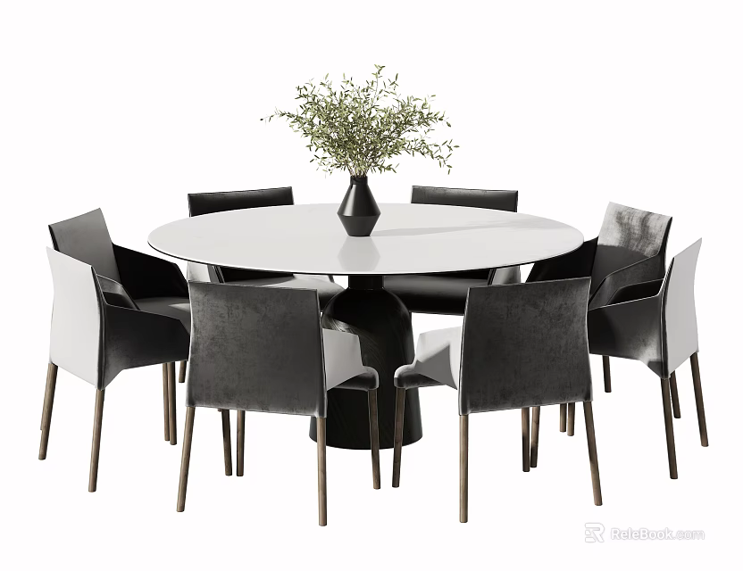 Modern Round Dining Table Set with Upholstered Chairs and Vase Centerpiece 3d model