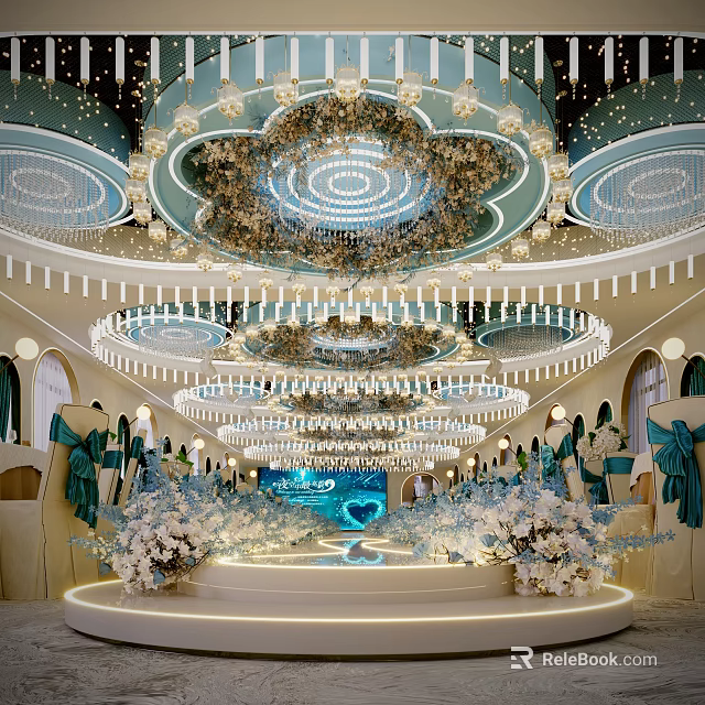 Luxurious Banquet Hall Decor Featuring Crystal Chandeliers Floral Arrangements And Lighting 3d model 