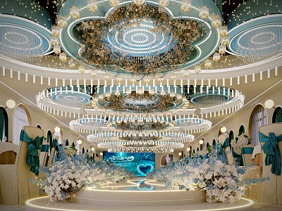 Luxurious Banquet Hall Decor Featuring Crystal Chandeliers Floral Arrangements And Lighting 3d model