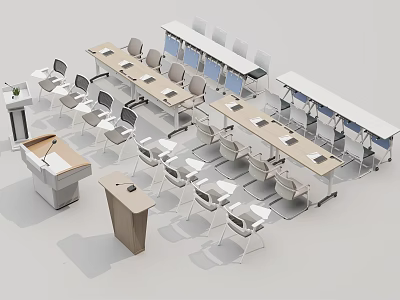 Modern Training Room Interior With White Chairs Long Tables And Wooden Podium 3d model