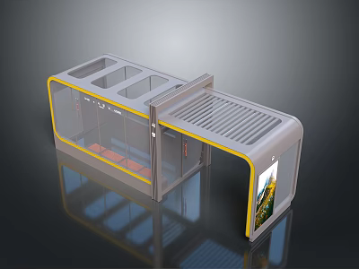 Modern Bus Stop Shelter With Transparent Glass Panels Yellow Frame Seats And Advertising Billboard 3d model