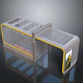 Modern Bus Stop Shelter With Transparent Glass Panels Yellow Frame Seats And Advertising Billboard