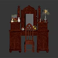 Traditional Chinese Red Vanity Table With Mirror And Carved Details And Matching Chair