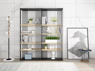 Modern Bookshelf With Black Frame Wooden Shelves Green Plants Decorations And White Marble Wall 3d model