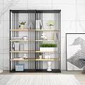 Modern Bookshelf With Black Frame Wooden Shelves Green Plants Decorations And White Marble Wall