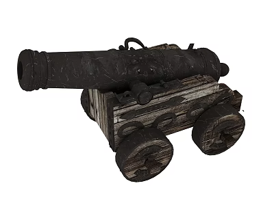 Vintage Black Cannon Weapon With Wooden Carriage And Large Wheels 3d model