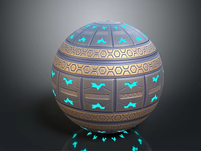 Ornamental Sphere With Blue Glowing Patterns And Golden Geometric Decorations 3d model