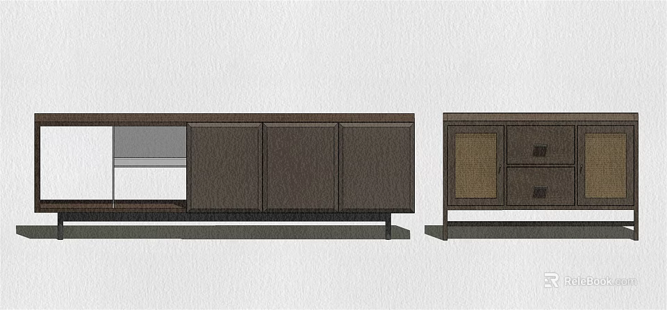 Modern TV Stand With Dark Wood Cabinet Doors Drawers And Open Compartment 3d model 