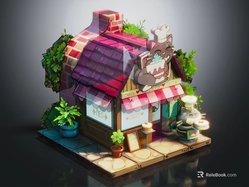 Cartoon Cake Shop Scene With Chef Cat Red Roof Green Plants And Checkered Awning 3d model 