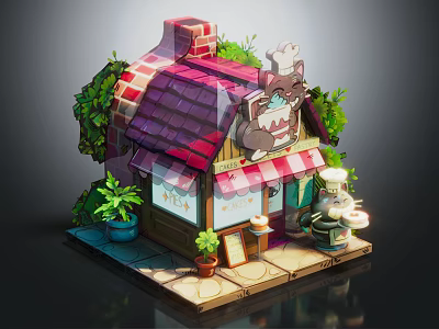 Cartoon Cake Shop Scene With Chef Cat Red Roof Green Plants And Checkered Awning 3d model