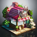 Cartoon Cake Shop Scene With Chef Cat Red Roof Green Plants And Checkered Awning