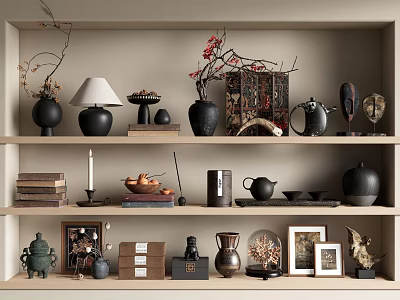 Decorative Ornament Set For Home Shelf Display With Vases Lamp Teapot Books And Frames 3d model