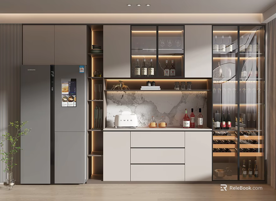Modern Kitchen Wine Cabinet Design With Glass Doors Marble Countertop And Wine Bottles 3d model 