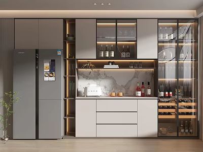 Modern Kitchen Wine Cabinet Design With Glass Doors Marble Countertop And Wine Bottles 3d model