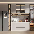 Modern Kitchen Wine Cabinet Design With Glass Doors Marble Countertop And Wine Bottles