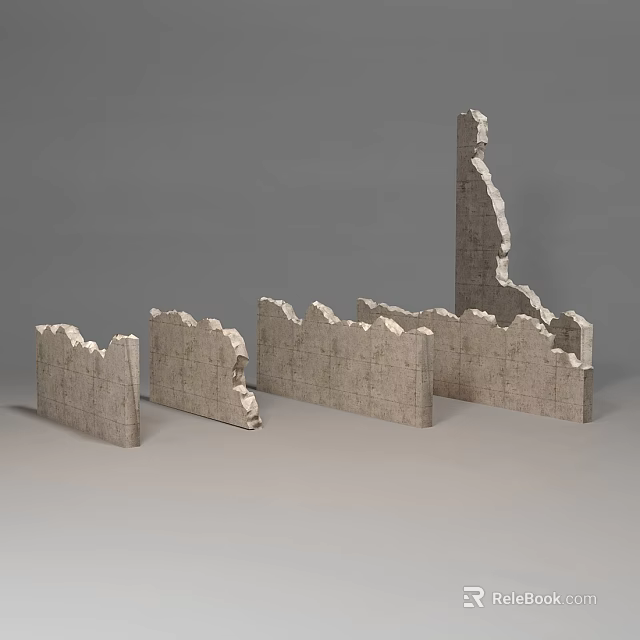 Damaged Stone Building Exterior Wall Fragments With Various Heights And Damage Levels 3d model 